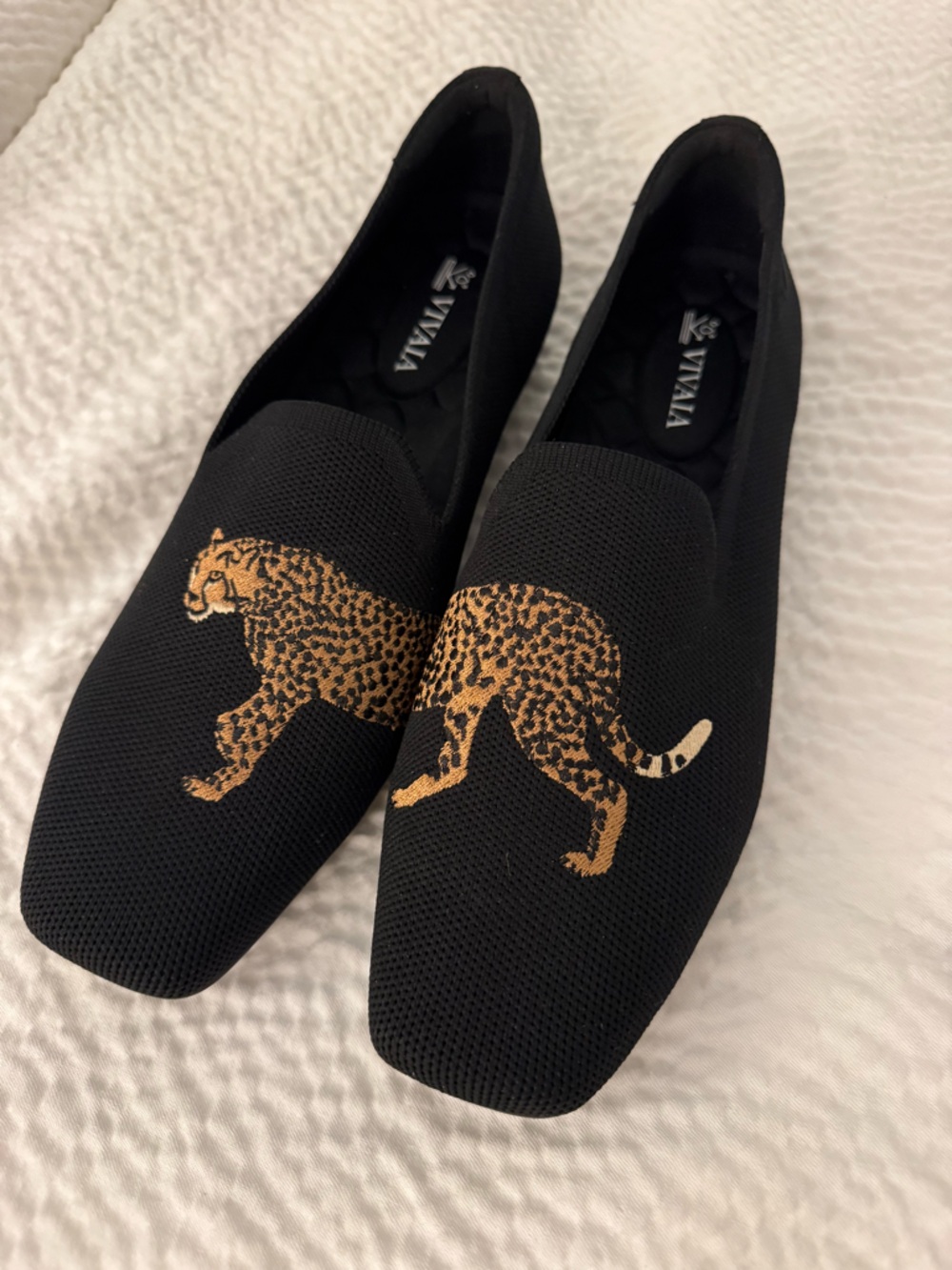 VIVAIA Samantha Square Black Knit Loafers w Leopard Embroidery Water Resistant - Picture 3 of 6